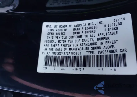 2014 Honda Accord Lx z USA, uszkodzony, nr VIN 1HGCR2F37EA165983